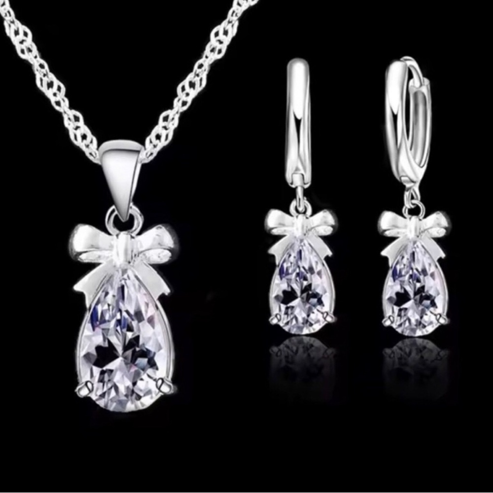 Sterling Silver Bow Teardrop Crystal Necklace and Earrings Set
